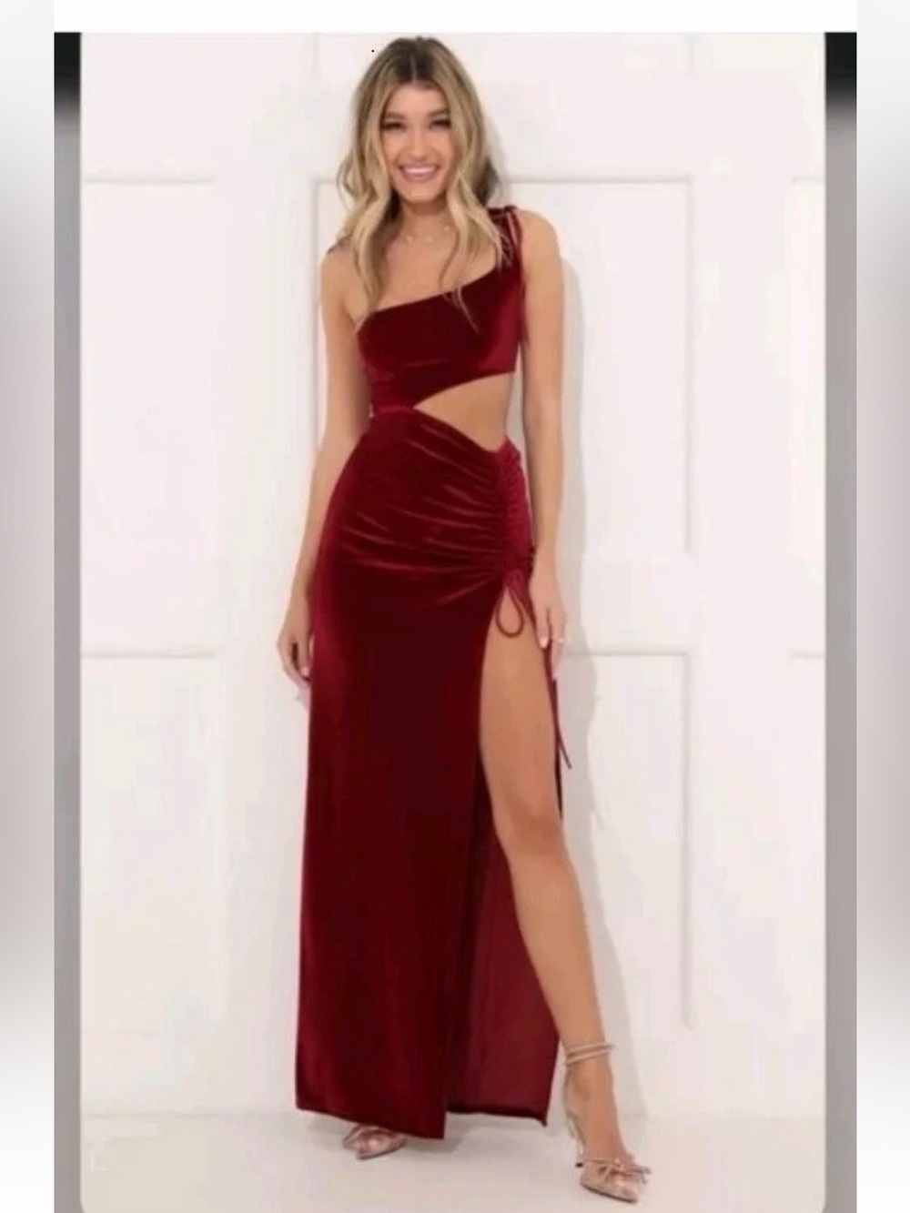 Lucy in the Sky Burgundy Velvet Cutout One Shoulder High Slit Maxi Dress Sz XS